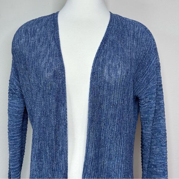 Tahari Blue Marled Long Sleeve Open Linen Blend Cardigan Size M - Picture 2 of 6
